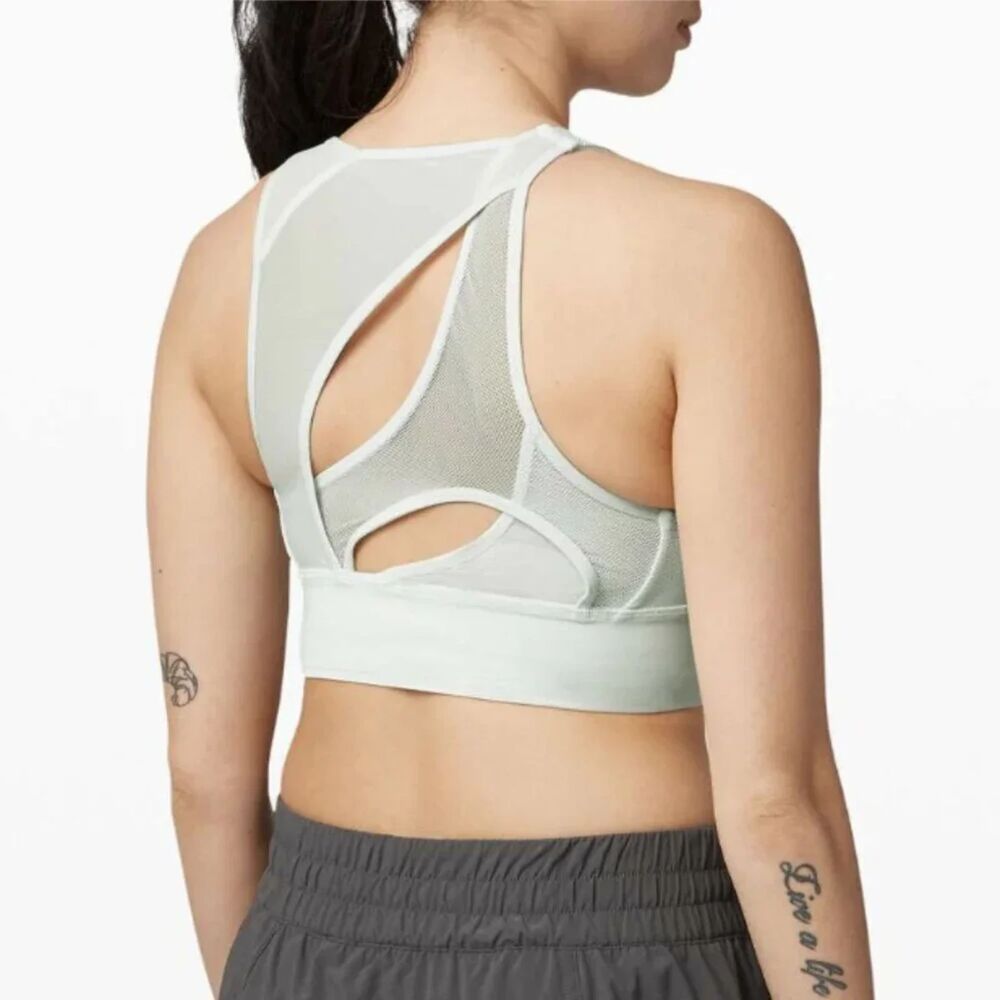 Lululemon Set Challenger Bra Island Mist Mesh Cutout High Neck Sz 6 Gymcore